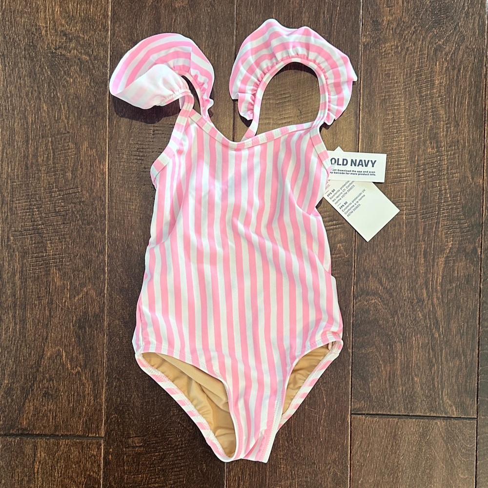 Old Navy Pink & White Striped Ruffle-Strap Girls One-Piece Swimsuit
